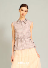 Embellished Grey Striped Sleeveless Shirt