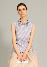 Embellished Blue Striped Sleeveless Shirt