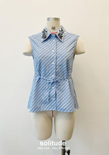 Embellished Blue Striped Sleeveless Shirt
