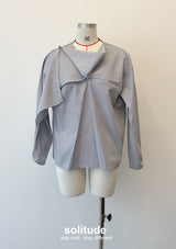 Grey Striped Round Neck Woven Top