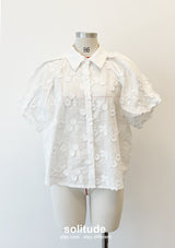 White Embroidered Bubble Sleeve Shirt