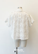 White Embroidered Bubble Sleeve Shirt