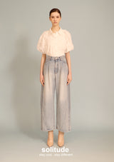 White Embroidered Bubble Sleeve Shirt