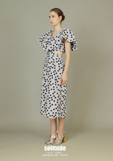 Ruffle V-neck Printed Midi Dress