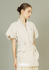 Beige Bubble Sleeves Zip Up Top