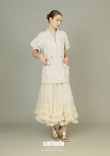 Beige Bubble Sleeves Zip Up Top