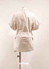 Beige Bubble Sleeves Zip Up Top