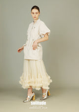 Beige Bubble Sleeves Zip Up Top