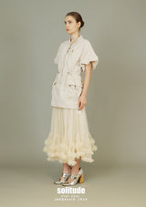 Beige Bubble Sleeves Zip Up Top