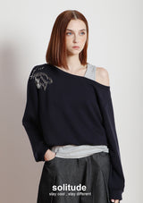 Navy Double Layers Beaded Top