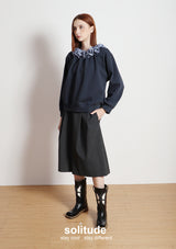 Navy Ruffles Neck Knitted Top