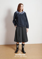 Navy Ruffles Neck Knitted Top