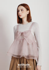 Light Pink Bowknot Vest with Long Sleeves Tee Set