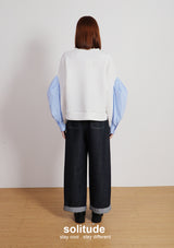 White Cotton Mixed Striped Sleeves Top