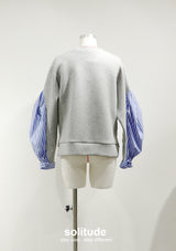 Grey Cotton Mixed Striped Sleeves Top