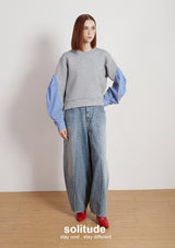 Grey Cotton Mixed Striped Sleeves Top