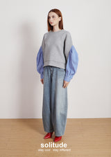 Grey Cotton Mixed Striped Sleeves Top