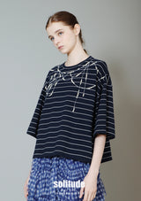 Navy Striped Print with Hand-Sewn Pearls Tee