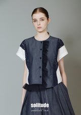 Navy Lace Mixed Woven Top