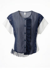 Navy Lace Mixed Woven Top