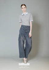 Grey Double Sleeves Hems Polo Top