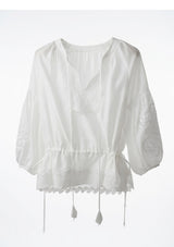 White Lace Trimmed Drawsting Top