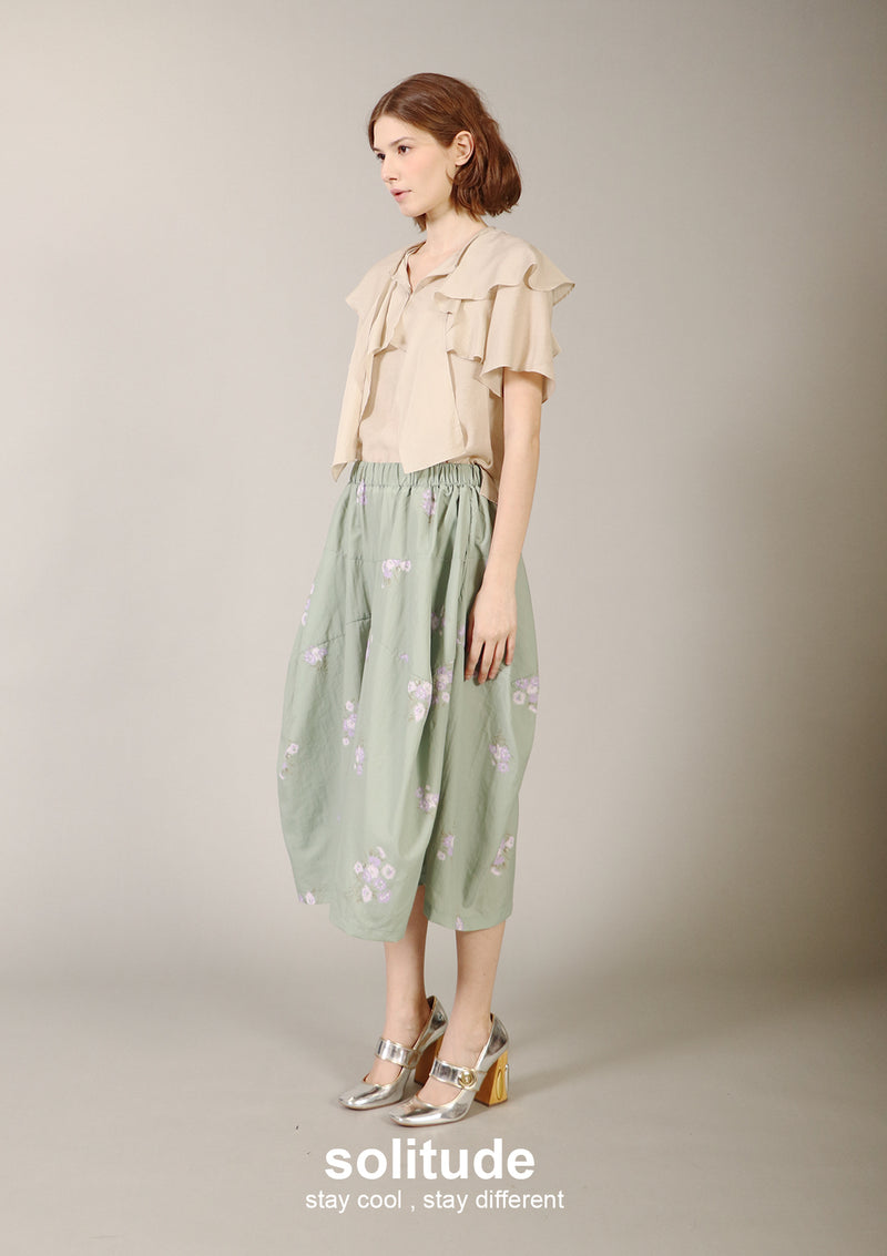 Green Floral Print Nylon Culottes