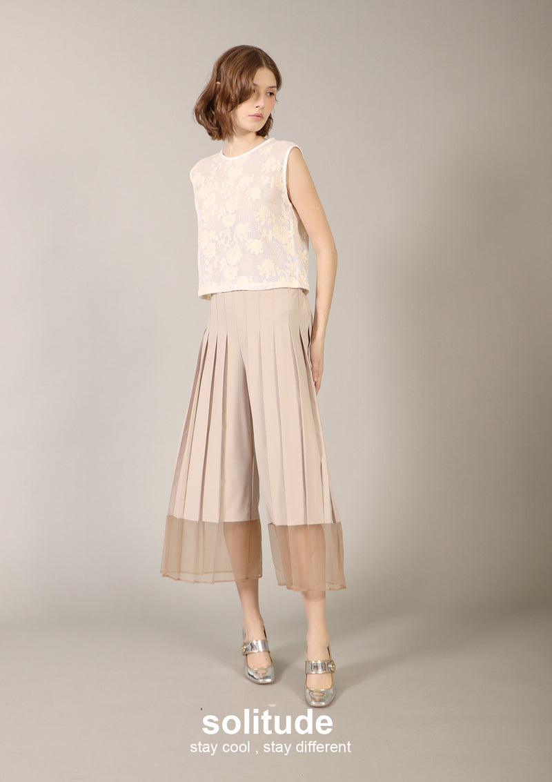 Beige Wide Leg Pleated Pants