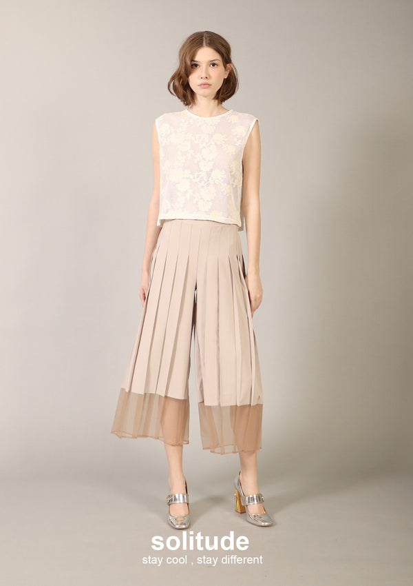 Beige Wide Leg Pleated Pants