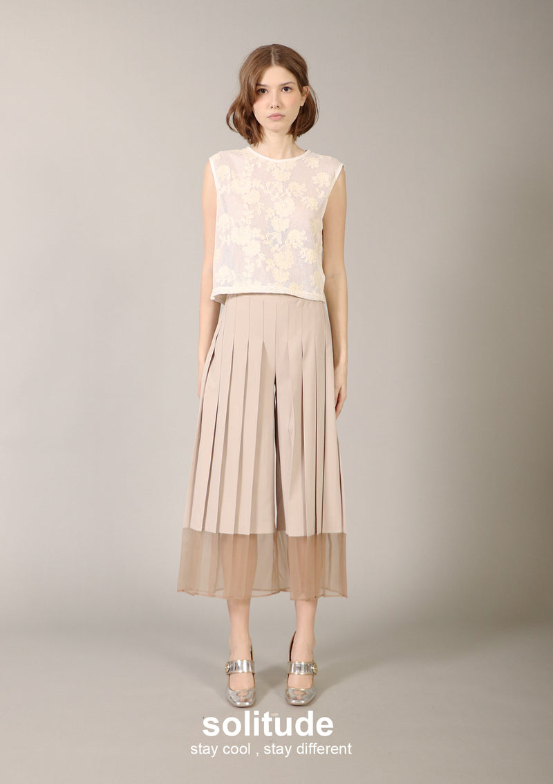 Beige Wide Leg Pleated Pants