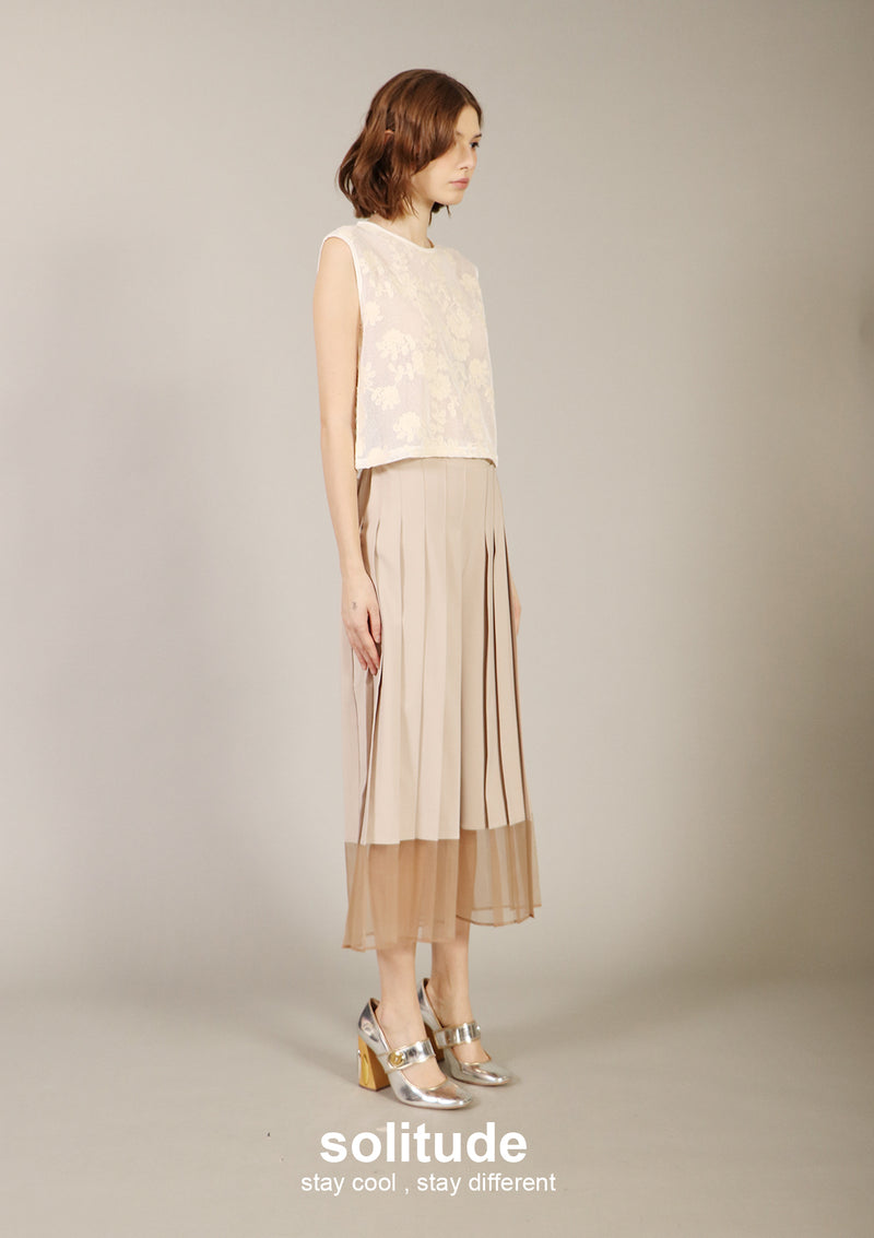 Beige Wide Leg Pleated Pants