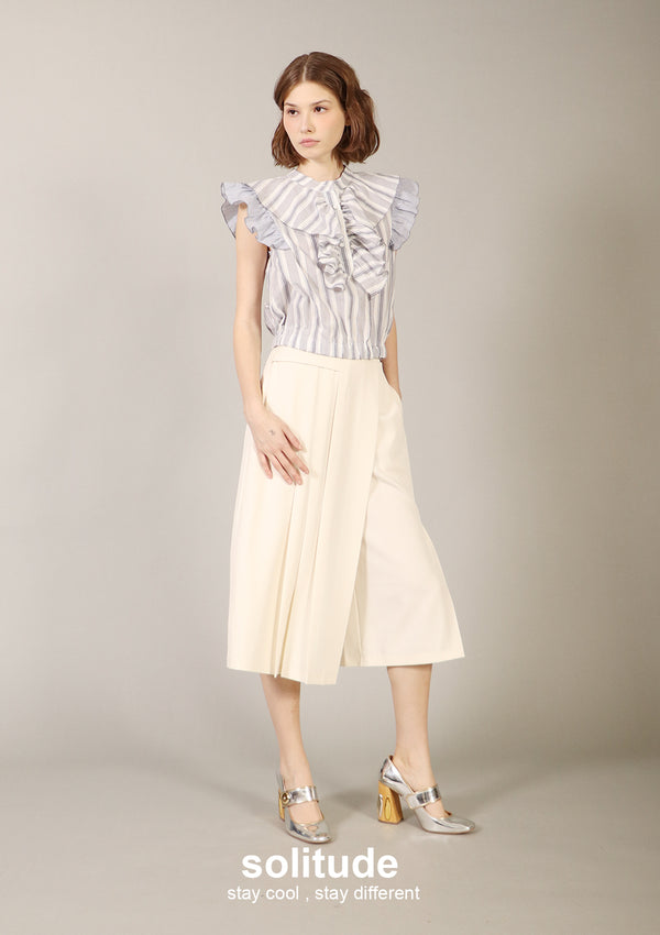 Grey Stripe Sleeve Ruffles Top