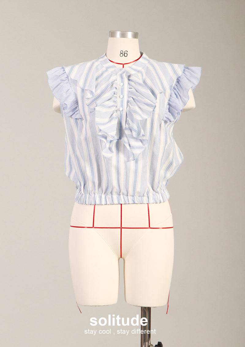 Blue Stripe Sleeve Ruffles Top