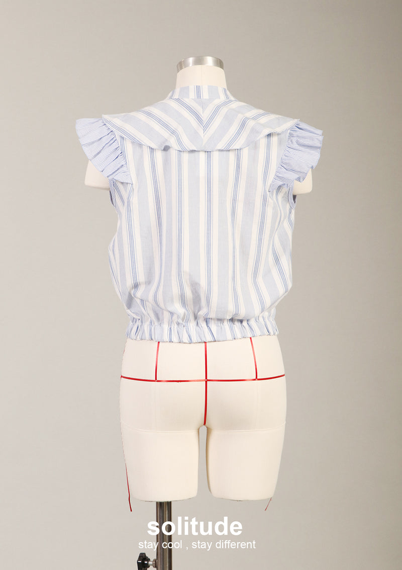 Blue Stripe Sleeve Ruffles Top