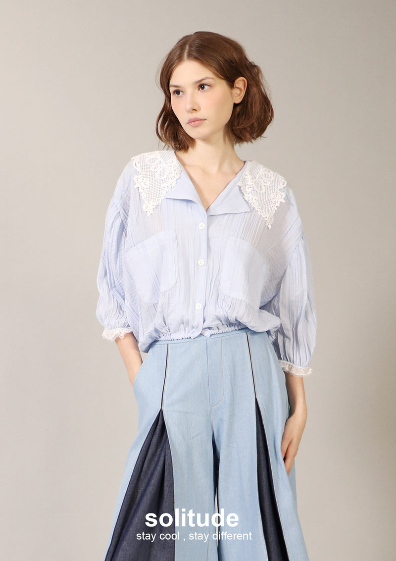 Blue Lace Collar Trim Shirt