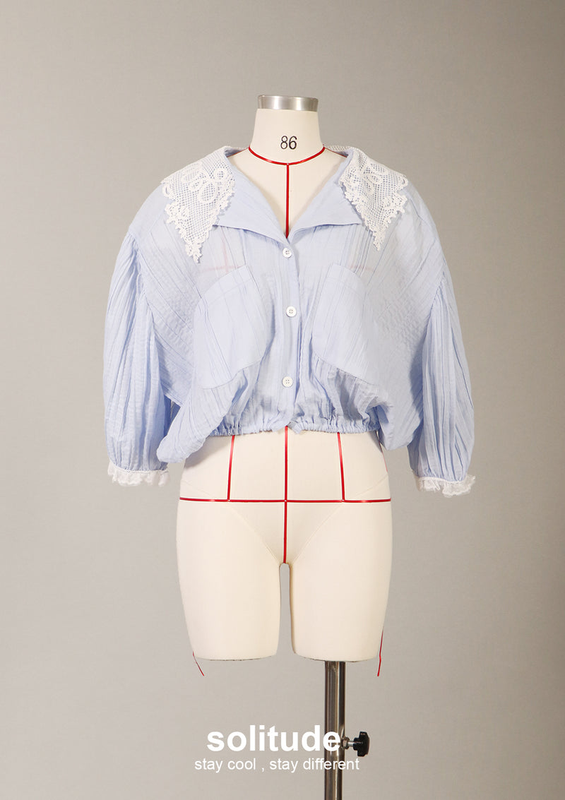 Blue Lace Collar Trim Shirt