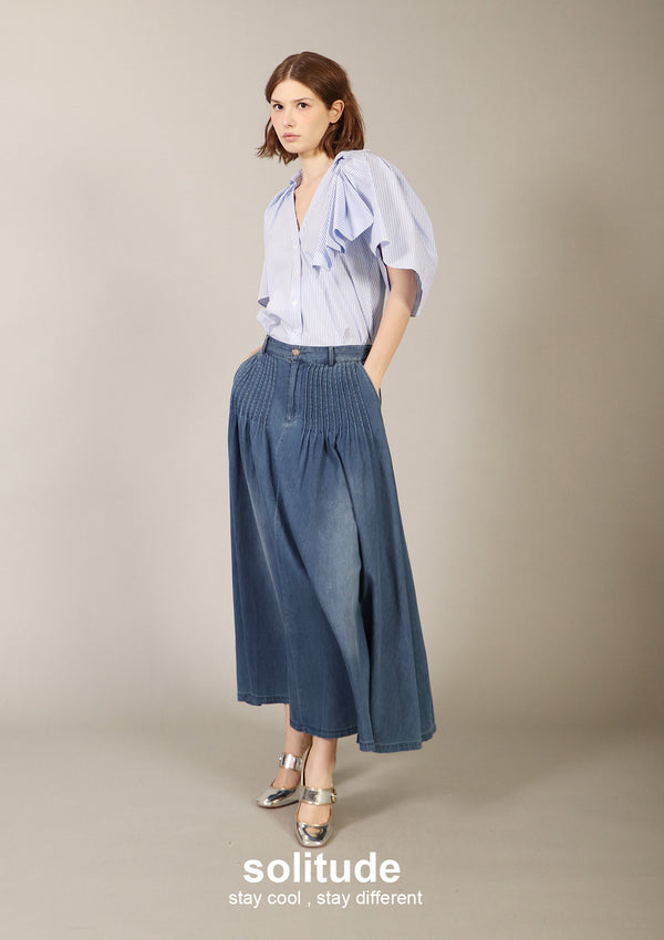 Long Denim Washed Pleats Skirt