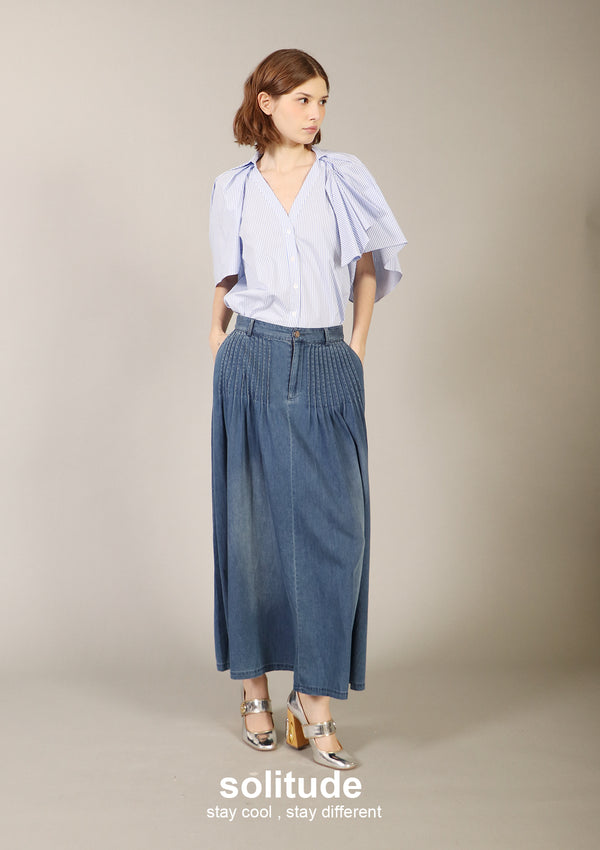 Long Denim Washed Pleats Skirt