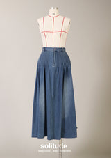 Long Denim Washed Pleats Skirt