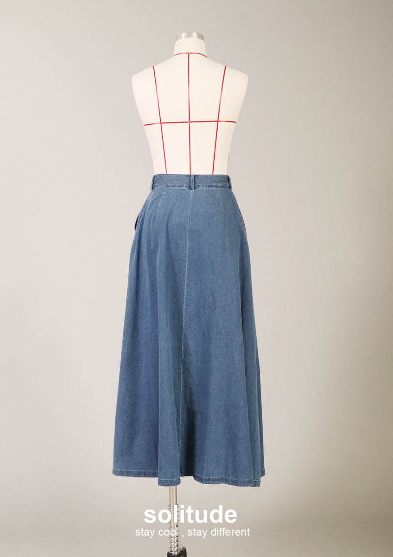 Long Denim Washed Pleats Skirt