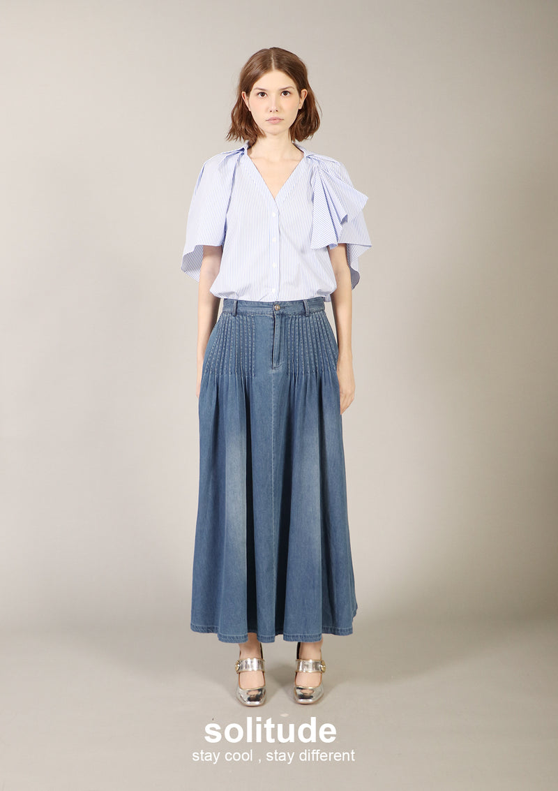 Long Denim Washed Pleats Skirt