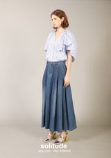 Long Denim Washed Pleats Skirt