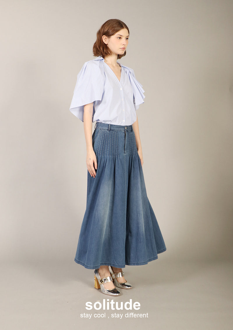 Long Denim Washed Pleats Skirt