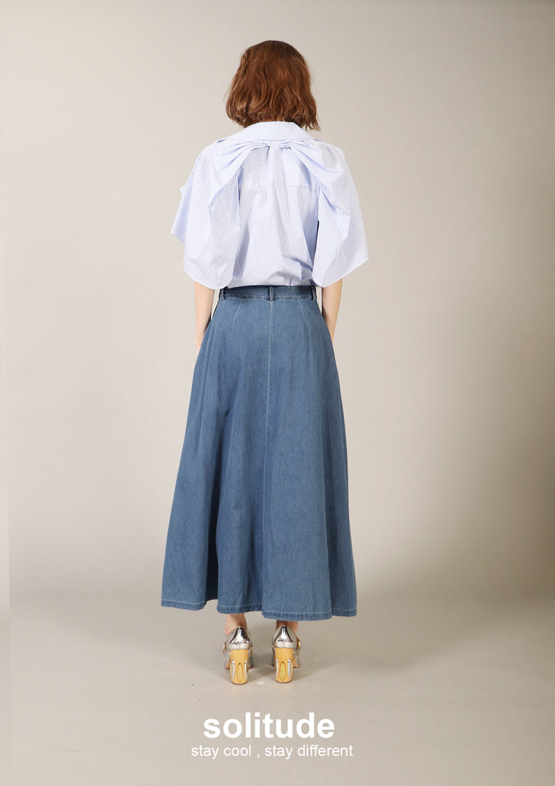 Long Denim Washed Pleats Skirt