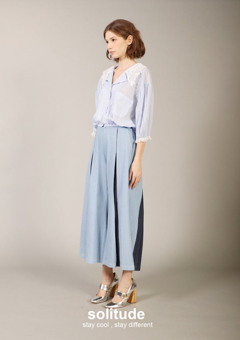 Light Washed Denims Wide Leg Pleated Pants