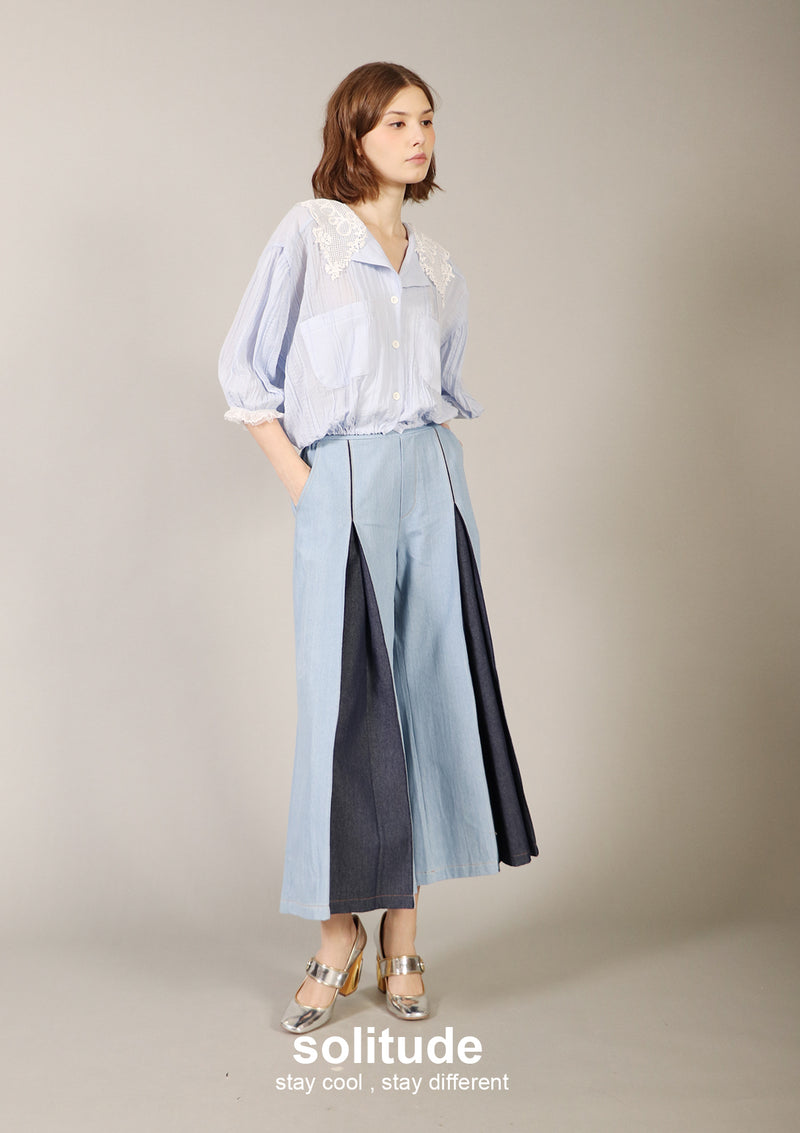 Light Washed Denims Wide Leg Pleated Pants