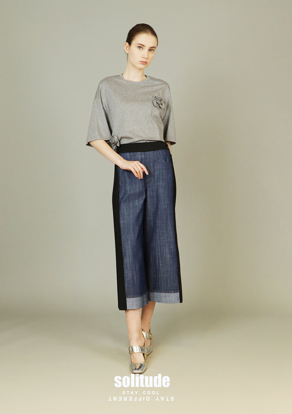 Denim Mix Fabrics Pleated Pants