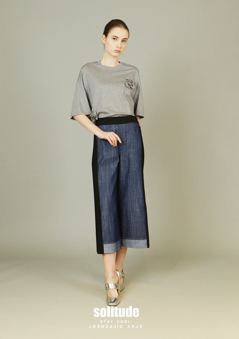 Denim Mix Fabrics Pleated Pants