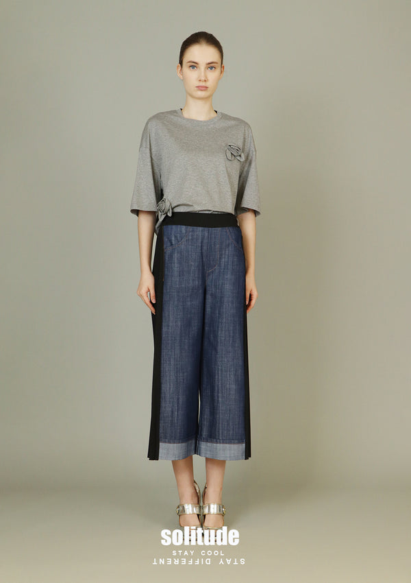 Denim Mix Fabrics Pleated Pants