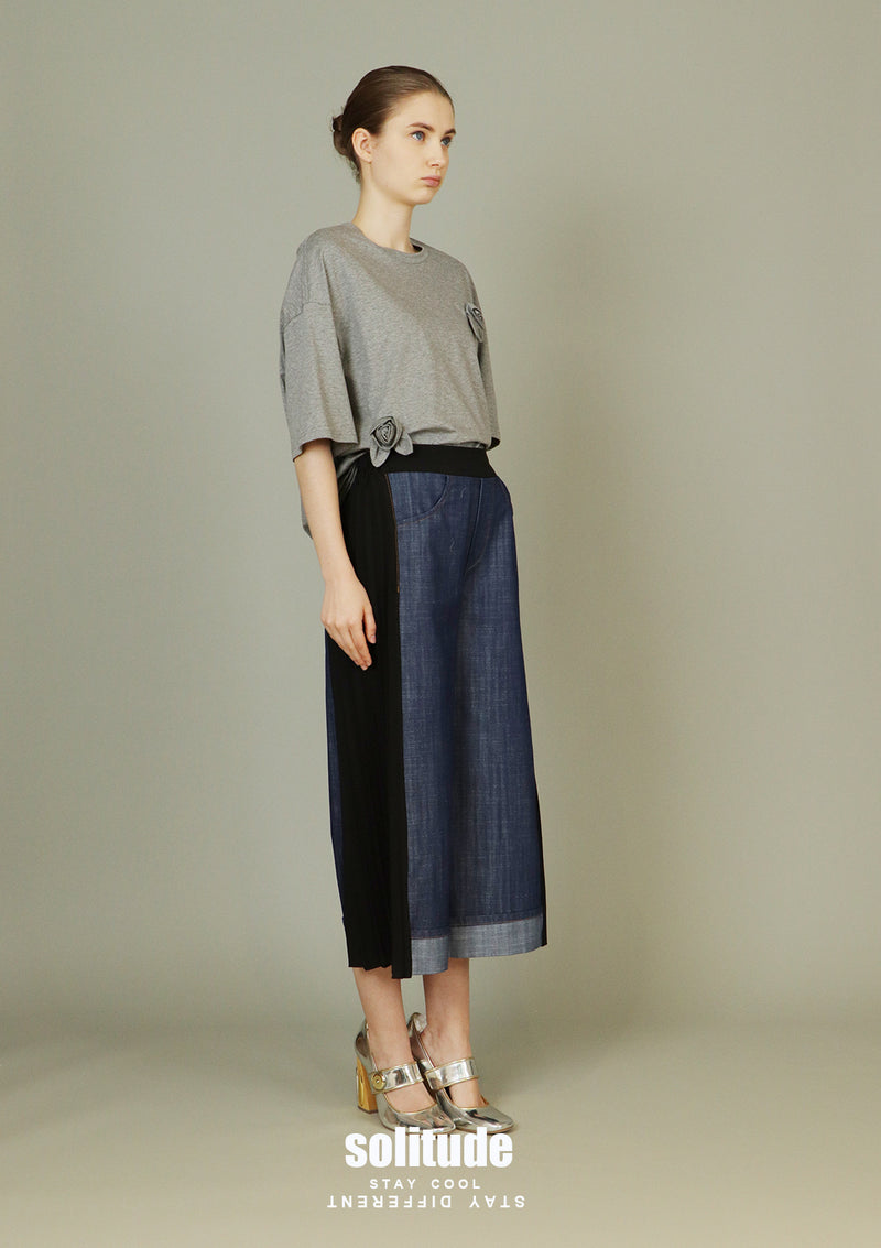 Denim Mix Fabrics Pleated Pants